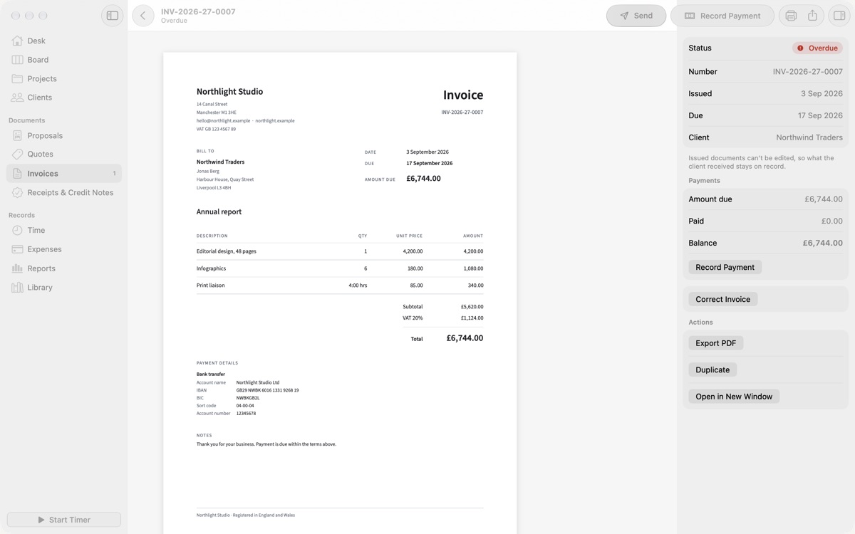 An issued Paydesk invoice marked Overdue, with the amount due, payments and a Record Payment button.