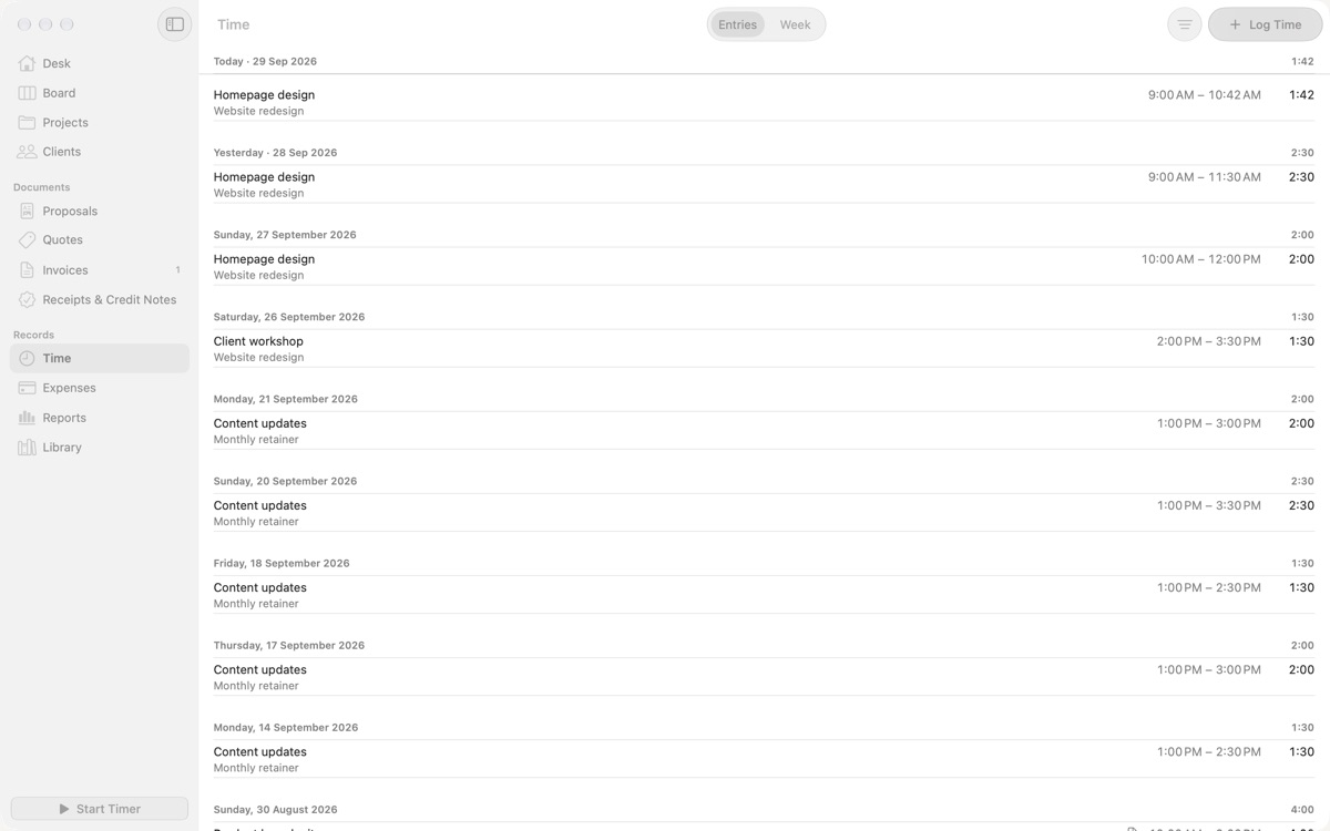 The Time view in Paydesk listing time entries by day, with start and end times and durations.